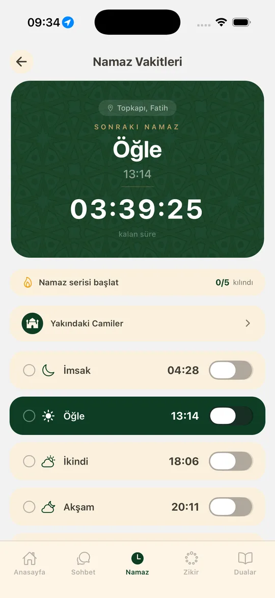 Murid uygulamasında Namaz Vakitleri ekranı